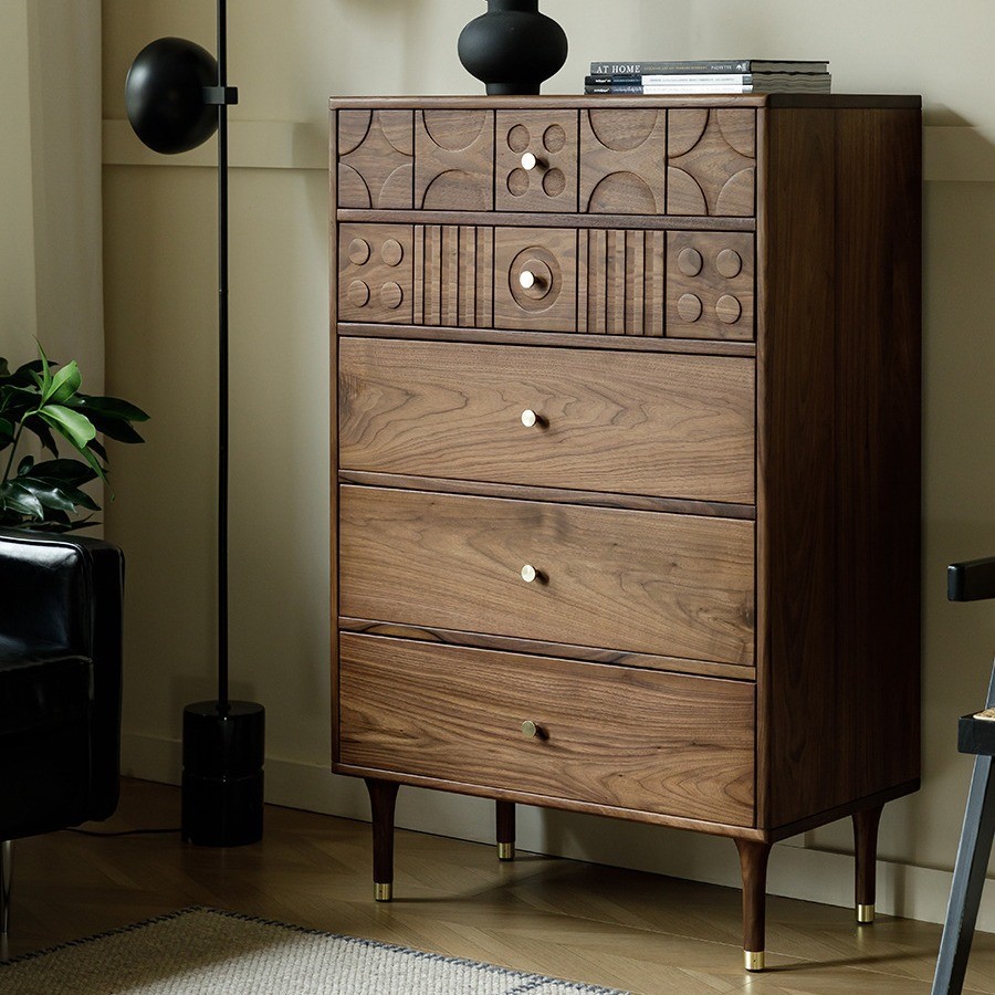 北美黑胡桃木斗柜法式复古卧室床头柜客厅玄关收纳储物柜中古斗柜