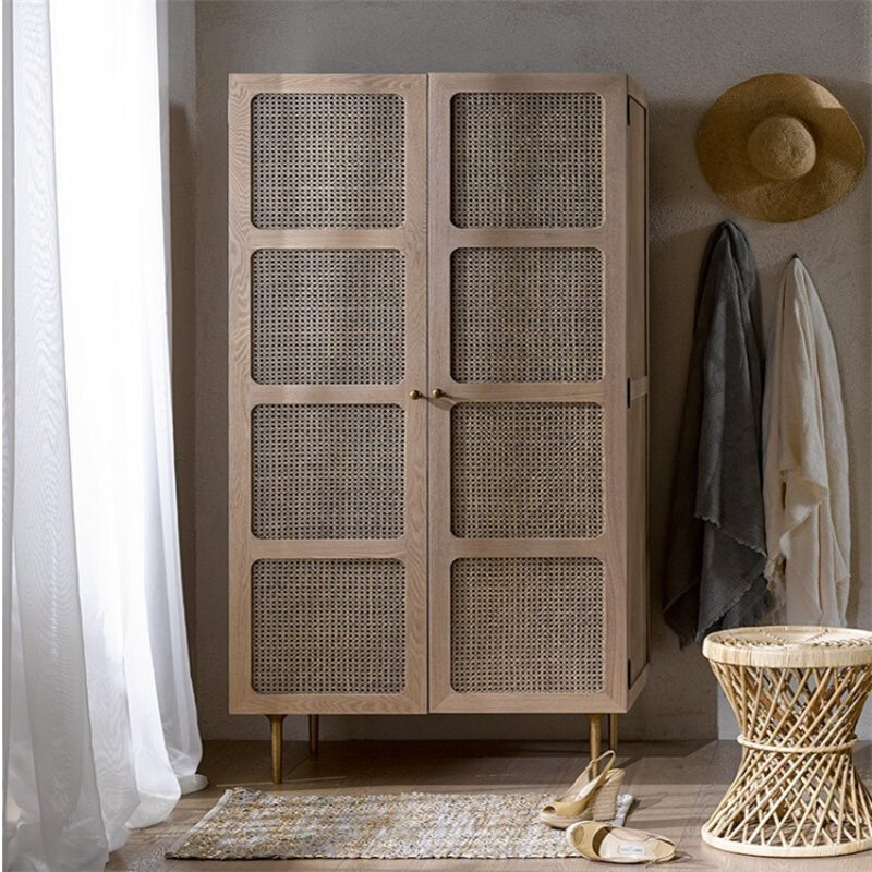 北欧简约藤编衣柜美式创意立柜后现代原木色收纳柜滕面实木储物柜