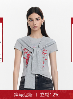 Called Back披肩绑带短袖T恤女2026年春夏新款灰色印花修身上衣