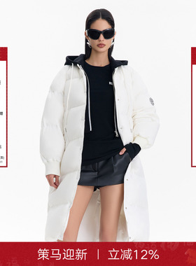 CALLED BACK长款90白鸭绒羽绒服女2025冬季拼接连帽休闲保暖外套