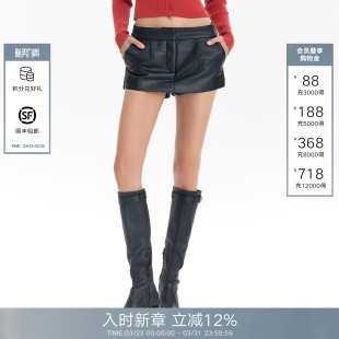 BACK26春款 CALLED 黑色半身皮短裙女高腰微a字裙裤 徐艺洋同款