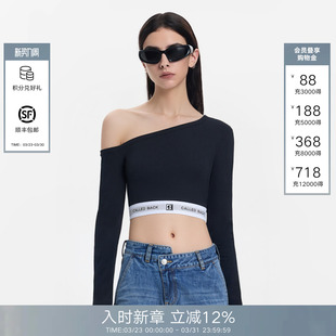 短款 Called 女2026春夏新款 针织衫 露肩内搭上衣 Back黑色斜肩长袖