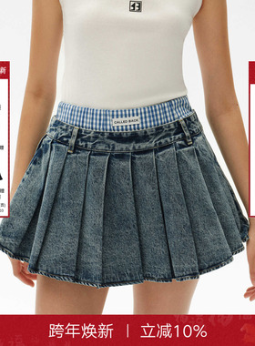 CalledBack牛仔百褶裙女2025秋季新款复古学院风A字高腰半身短裙
