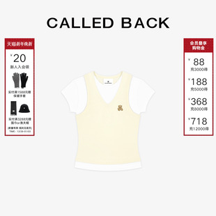 饭团熊黄色修身 CALLED 新款 T恤女2025夏季 显瘦上衣 BACK假两件短袖