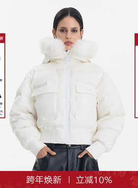 Called Back90白鸭绒羽绒服女冬季白色连帽毛领短款工装保暖外套