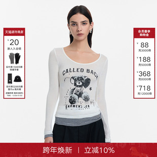 针织打底衫 饭团熊修身 Back条纹拼接假两件上衣2025秋新款 Called