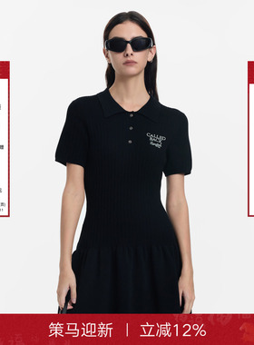 CALLED BACK polo领连衣裙女2025秋季新款修身学院复古针织小黑裙