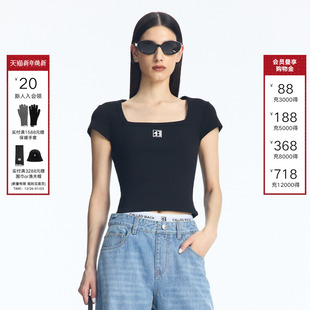 BACK官方直营夏季 短款 新款 T恤女修身 百搭休闲上衣 方领短袖 CALLED