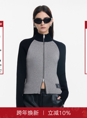 【张小斐同款】CALLEDBACK针织开衫女秋季撞色拼接双拉链修身上衣