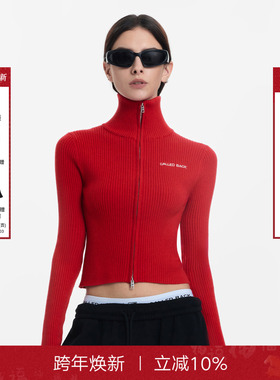 Called Back红色针织开衫女2025秋季新款双拉链立领修身毛衣外套