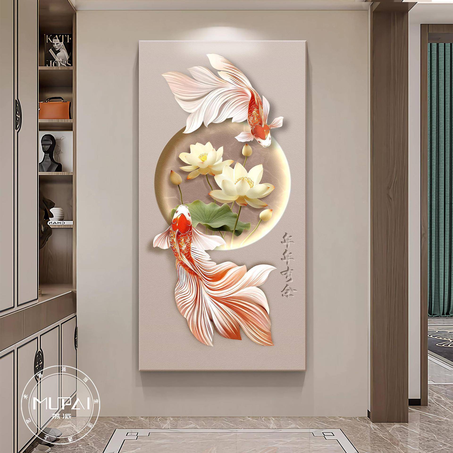 LEAJTD风玄关入油户灯走廊锦鲤高正对门壁画过装端饰画奶立体道挂