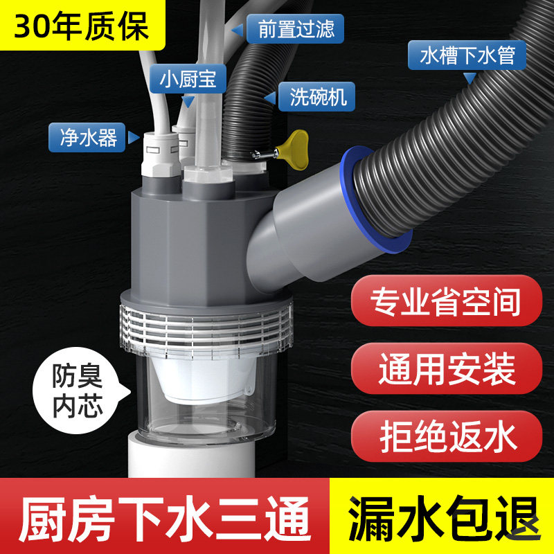 速发厨房下水管三通排水管防多神器臭净能前置洗碗机功水器接头