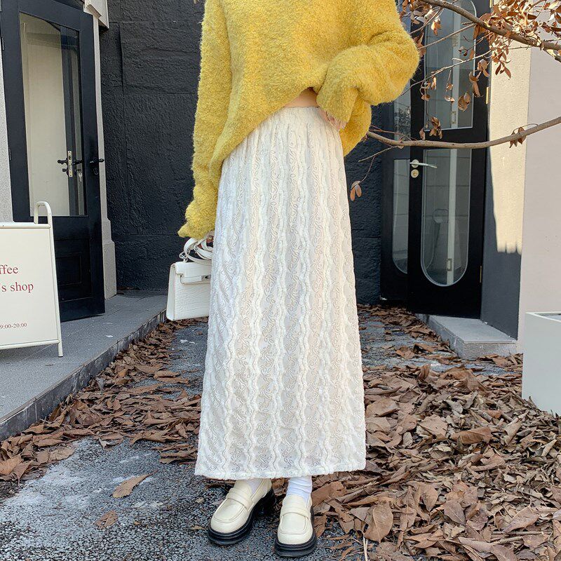 速发白色半身裙2024新款春秋款毛毛内搭蕾丝长裙宽松a字直筒打底