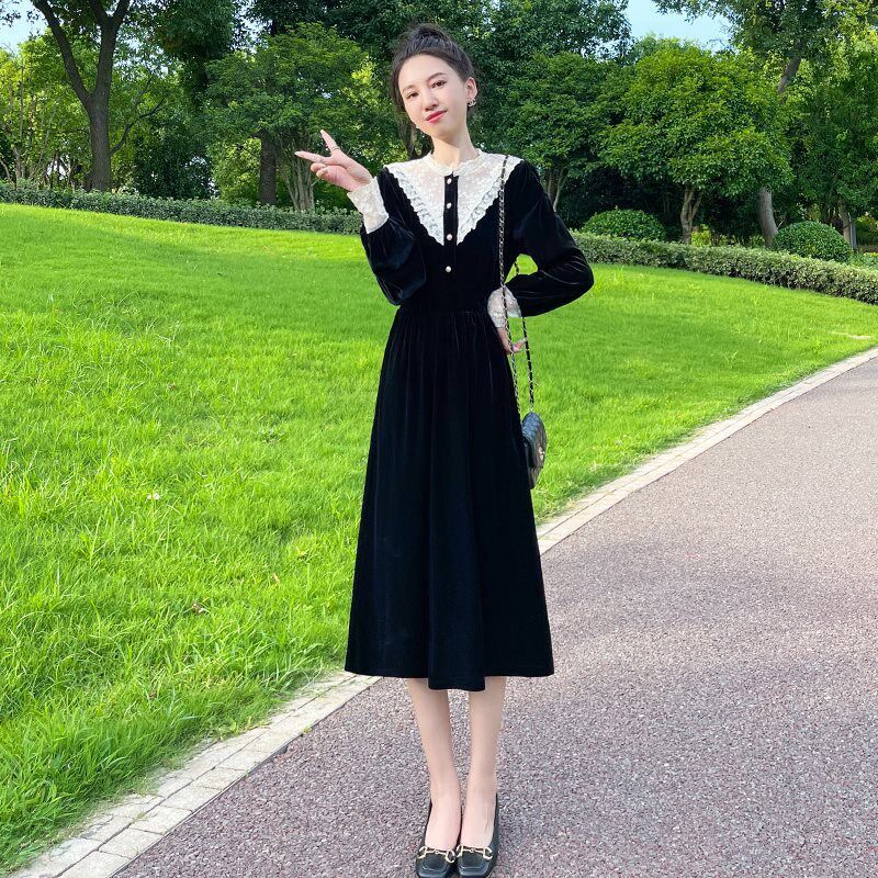 速发赫本风法新黑色金丝绒0袖连衣裙春装式款2长25收腰气质裙子