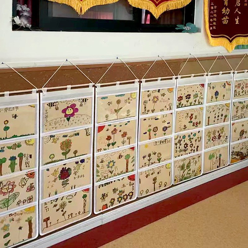 速发幼儿墙作品挂示袋美术收纳袋园上透明展袋儿童绘画画袋挂墙书