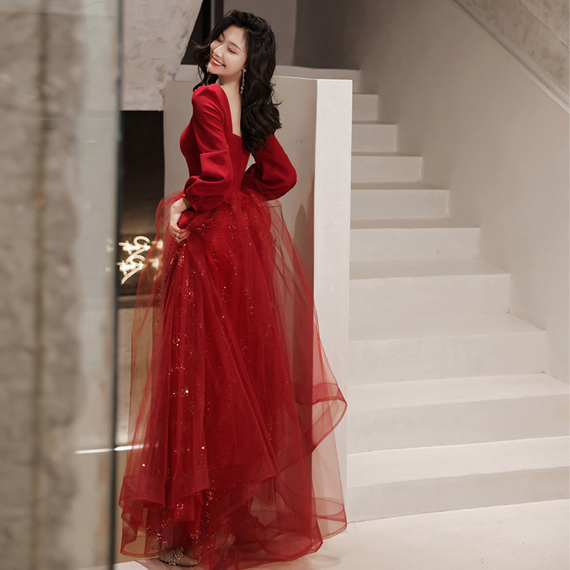 速发敬酒服新娘2021新款红色秋订婚长袖季纱裙结婚晚礼服裙回门