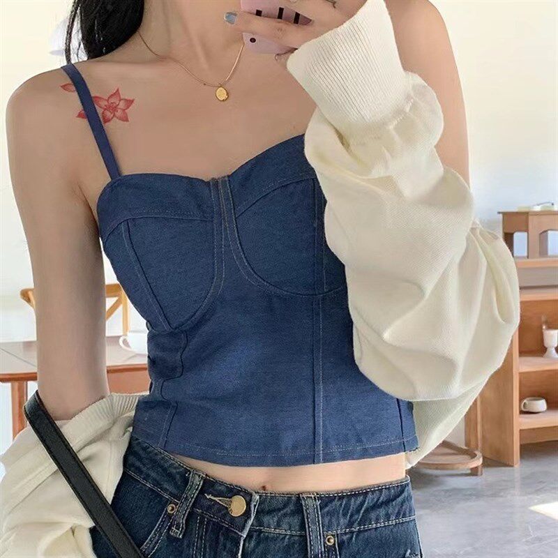 速发夏季港风辣妹牛仔上衣带胸垫露脐背心百搭外穿无袖打底衫抹胸