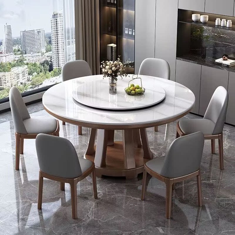 轻奢岩板餐桌椅组合现代简约小户型家用饭桌圆形带转盘实木大圆桌