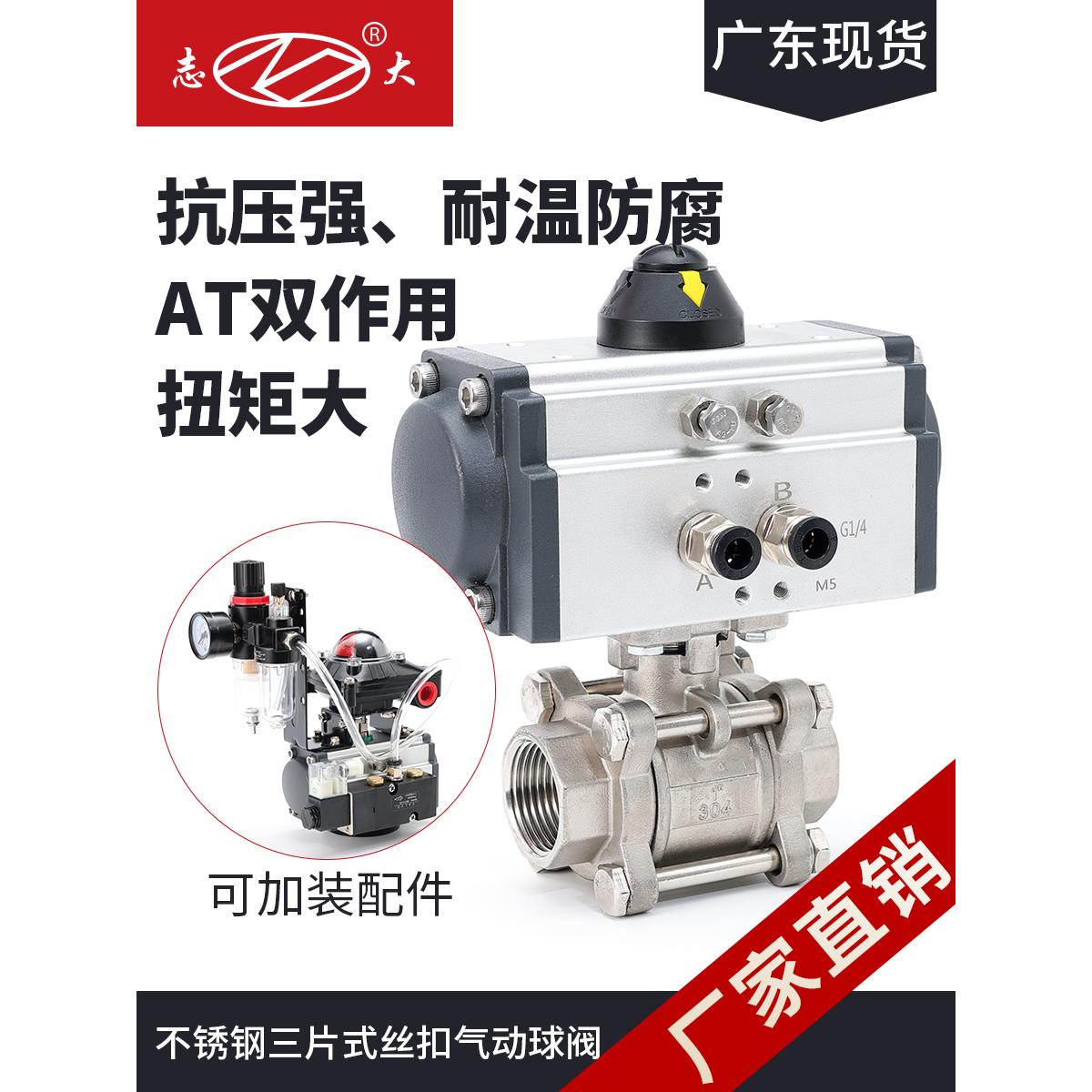 志大优控Q611F-16P气动不锈钢304三片式球阀AT内螺纹丝扣快速切断