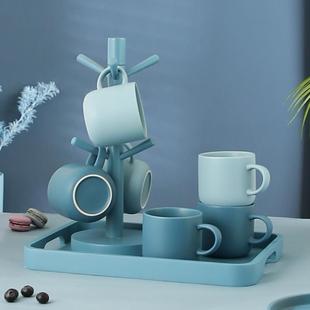 创意对杯轻奢喝水6杯木架 北欧S简约陶瓷家用水杯具客厅茶杯套装