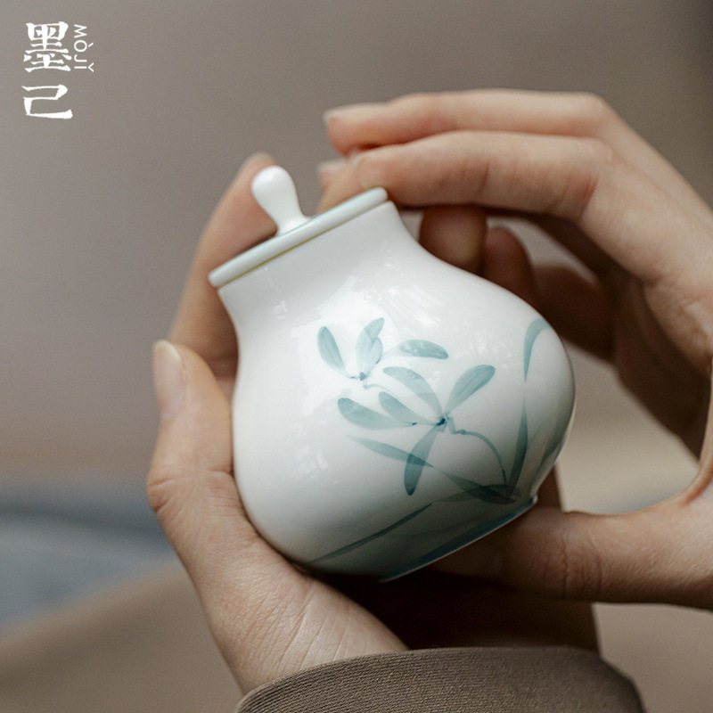 墨己手绘兰花陶瓷小茶叶罐功夫茶具迷你茶仓三七粉罐子家用储物罐