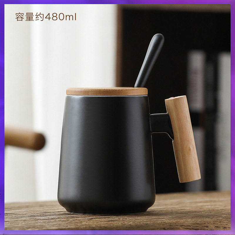 WG6Q实木手柄马克杯 陶瓷杯 杯子水杯带盖子勺子定 制广告LOG