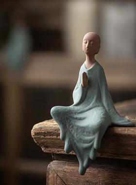 中式禅意紫砂小和尚摆件家居客厅书房鱼缸创意造景园艺花盆装饰品