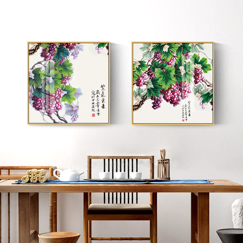 新中式餐厅装饰画紫气东来葡萄正方形玄关壁画饭厅水果画玄关挂画图片