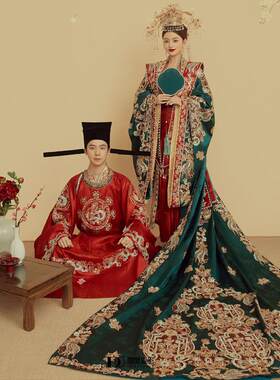 奢华宋制汉服婚服大拖尾新娘中式嫁衣结婚礼服凤冠霞帔情侣套装春