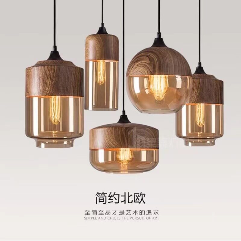 北欧复古简约木纹工业风特色餐厅咖啡厅卧室床头个性创意吊灯