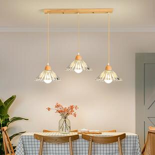 日式原木风三头吊灯现代简约实木玻璃餐厅卧室床头吧台单头小吊灯