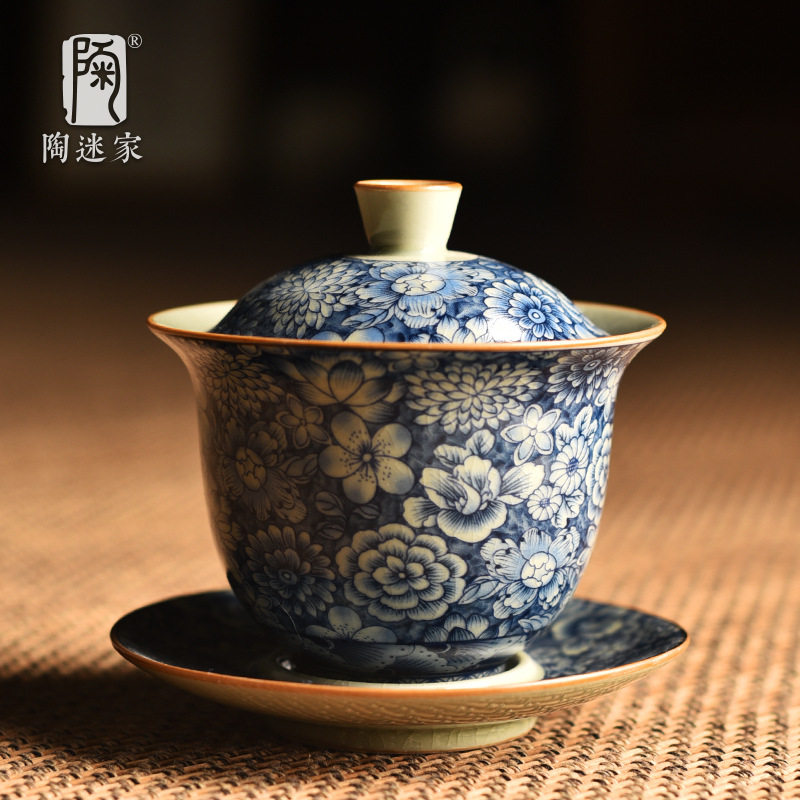 陶迷古汝青花盖碗手抓三才碗泡茶杯老陶泥汝窑开片可养家用陶瓷碗