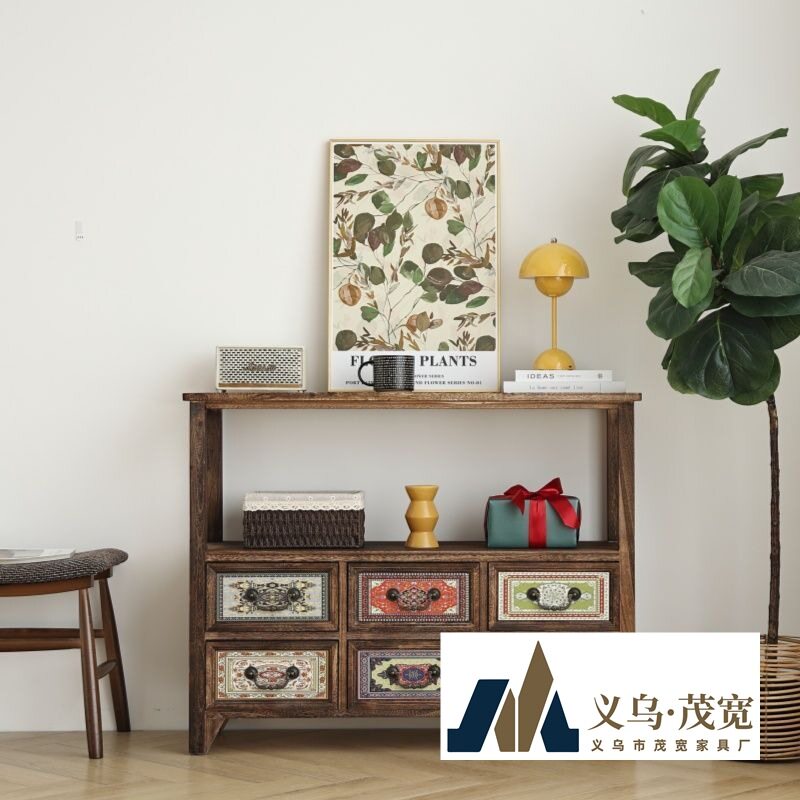 中古风彩绘实木玄关收纳斗柜