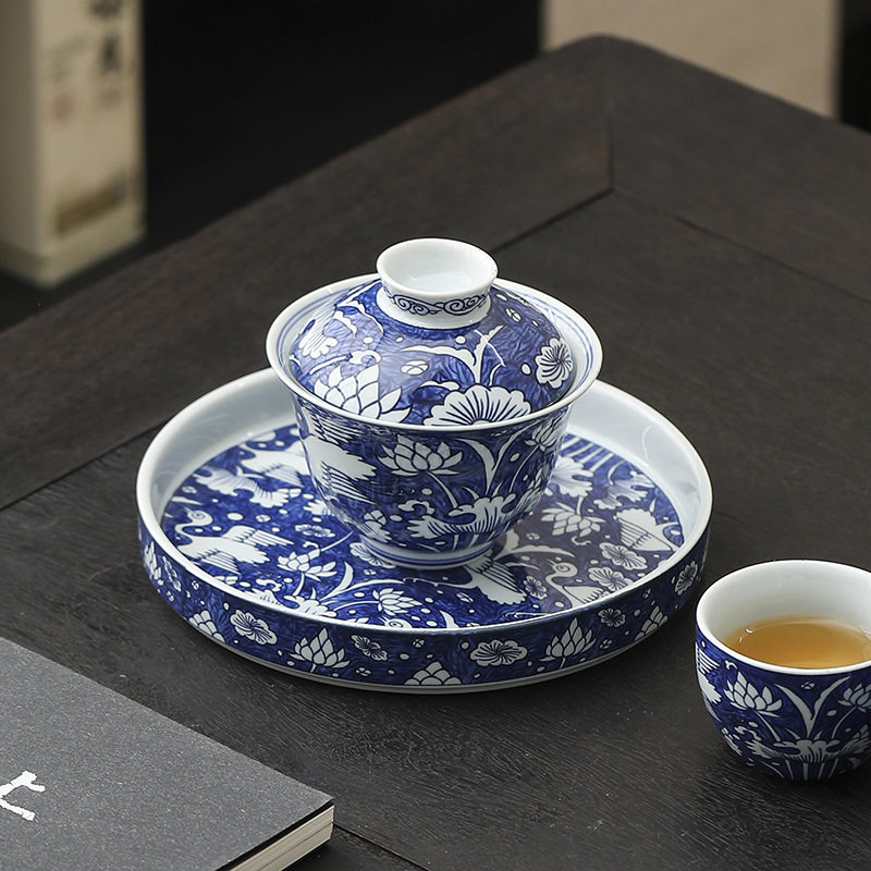 青花一鹭莲科盖碗茶具不烫手中式泡茶碗高端家用功夫带盖茶碗单个