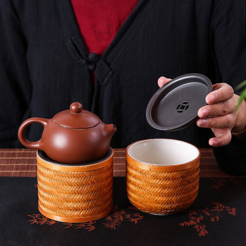 篾编圆柱陶瓷水盂小号储水壶承干泡台茶承中式复古盖碗紫砂壶承垫