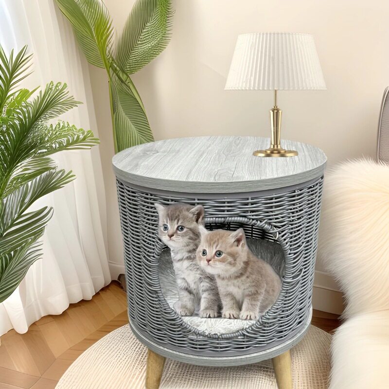 厂家直销仿藤编猫窝宠物藏身防雨狗窝四季猫咪房子边几猫窝凳子
