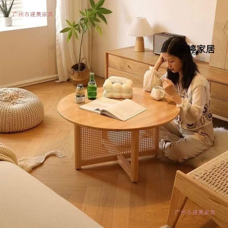 日式原木实木藤编茶几简约客厅阳台家用小户型圆形沙发桌子茶桌子
