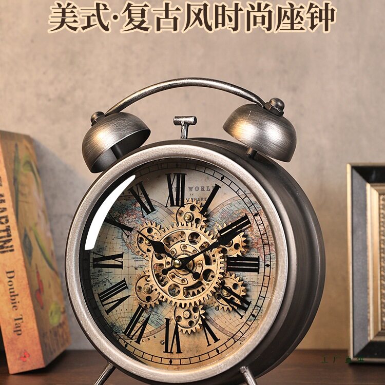 2026新款美式桌面复古齿轮座钟客厅时钟摆件高级摆台式机械台钟表