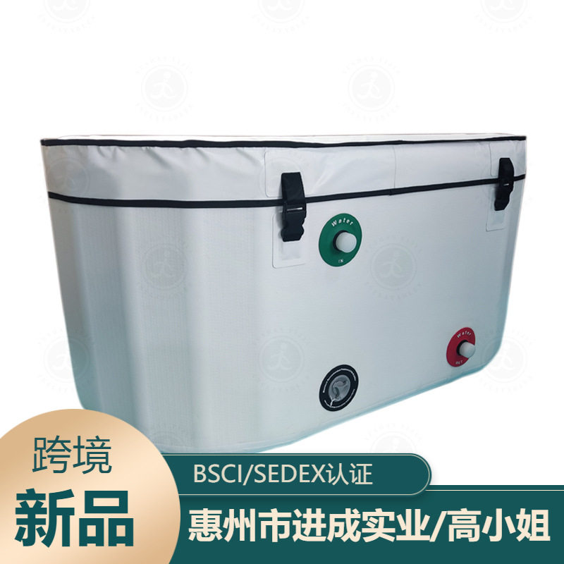 跨境亚马逊户外充气冰浴桶冰浴池 带盖木纹PVC浴缸ice bath泡澡桶