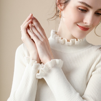 木耳边半高领毛衣女秋冬大衣内搭修身软糯上衣紧身中领针织打底衫