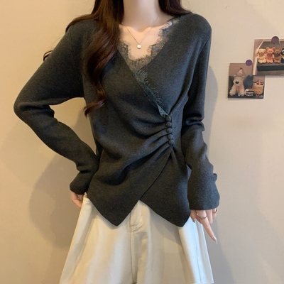 欧货蕾丝V领高级感大码女