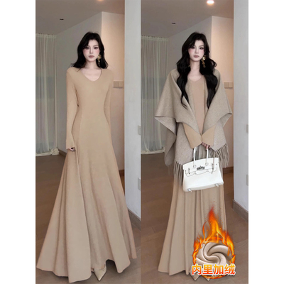 大衣内搭卡其色针织连衣裙女冬天修身包臀长款裙子秋冬季加绒加厚