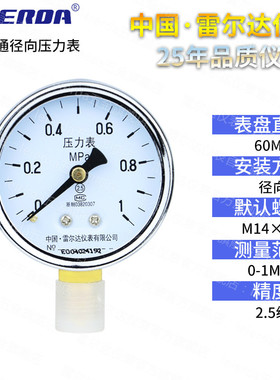 雷尔达Y60径向压力表 0-1.6MPa 水压气压油压真空表空调压力表