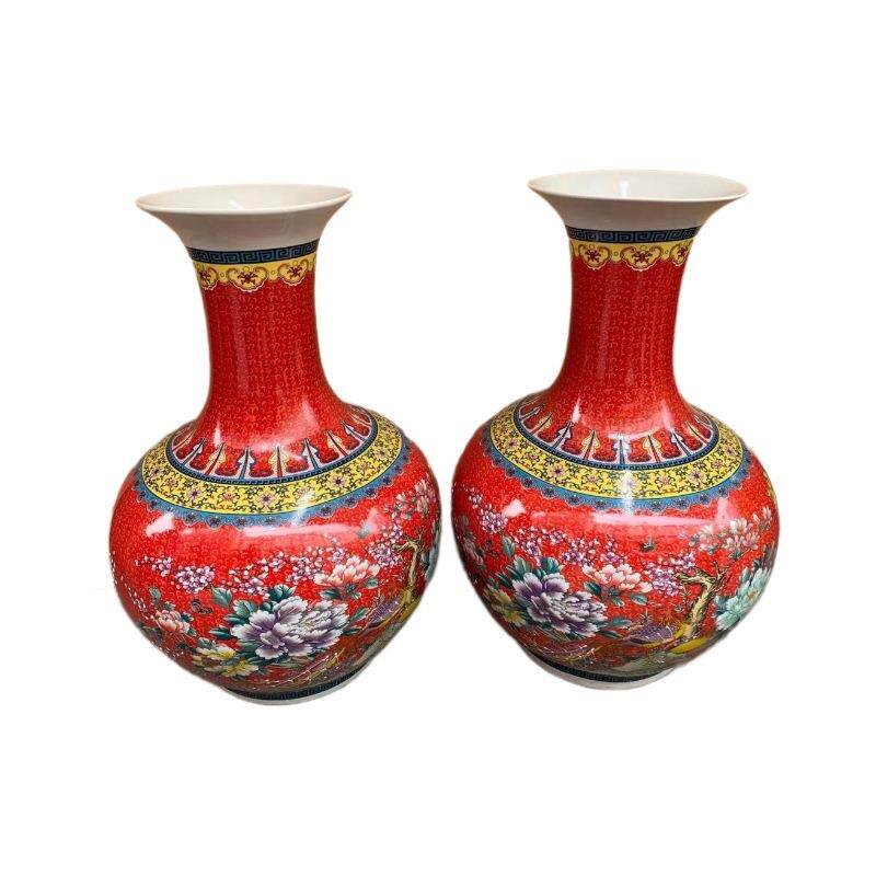 景德镇陶瓷花瓶釉上彩绿色花鸟赏瓶古典家居陶瓷工艺品摆件
