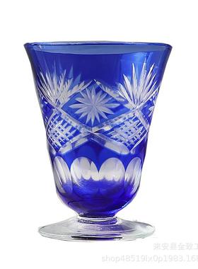 日式江户切子小高脚玻璃杯手工雕刻水晶玻璃蓝色家用清酒杯红酒杯