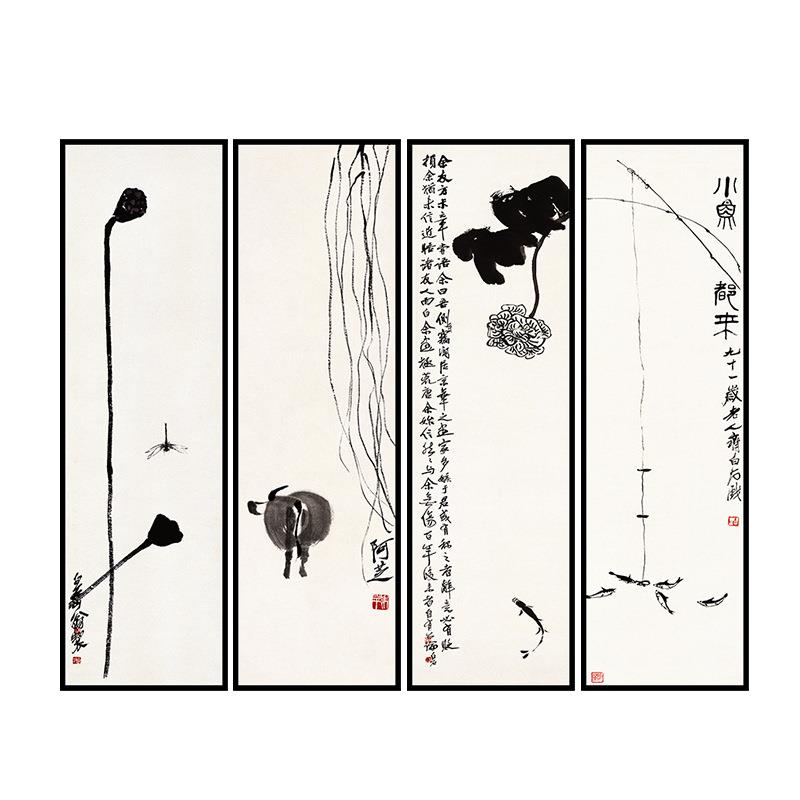 新中式四联装饰画客厅水墨挂画书房茶室竖版禅意油画布酒店挂画