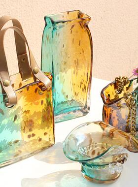 碧轩新款吹制简约轻奢渐变彩创意手提篮包包装饰品家用客厅摆件