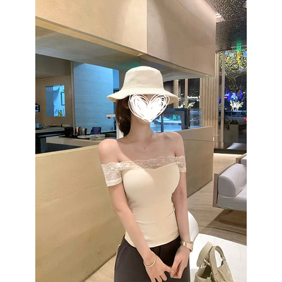 MosesQueen/魔西女王纯欲辣妹蕾丝拼接一字肩上衣气质短款上衣