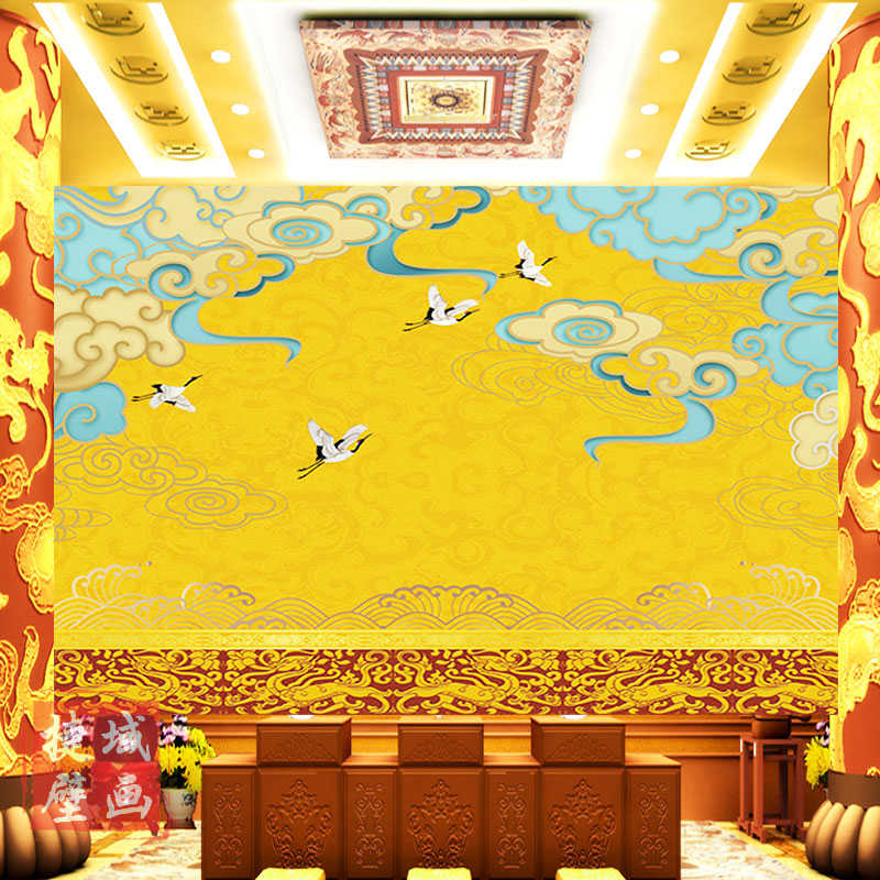 祥云墙纸仙鹤图壁画新中式客厅电视墙道家寺庙佛堂仙堂背景壁纸