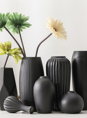 黑色复古陶瓷花瓶粗陶简约客厅桌面黑陶摆件冬青干花装饰插花花器